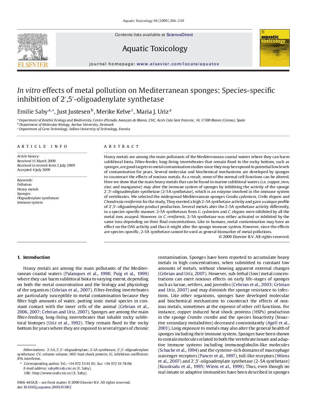 In vitro effects of metal pollution on Mediterranean sponges: Species-specific inhibition of 2′,5′-oligoadenylate synthetase