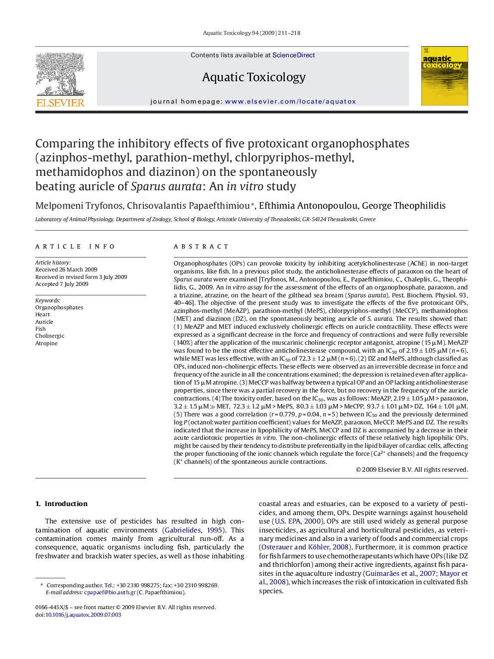 Comparing the inhibitory effects of five protoxicant organophosphates (azinphos-methyl, parathion-methyl, chlorpyriphos-methyl, methamidophos and diazinon) on the spontaneously beating auricle of Sparus aurata: An in vitro study