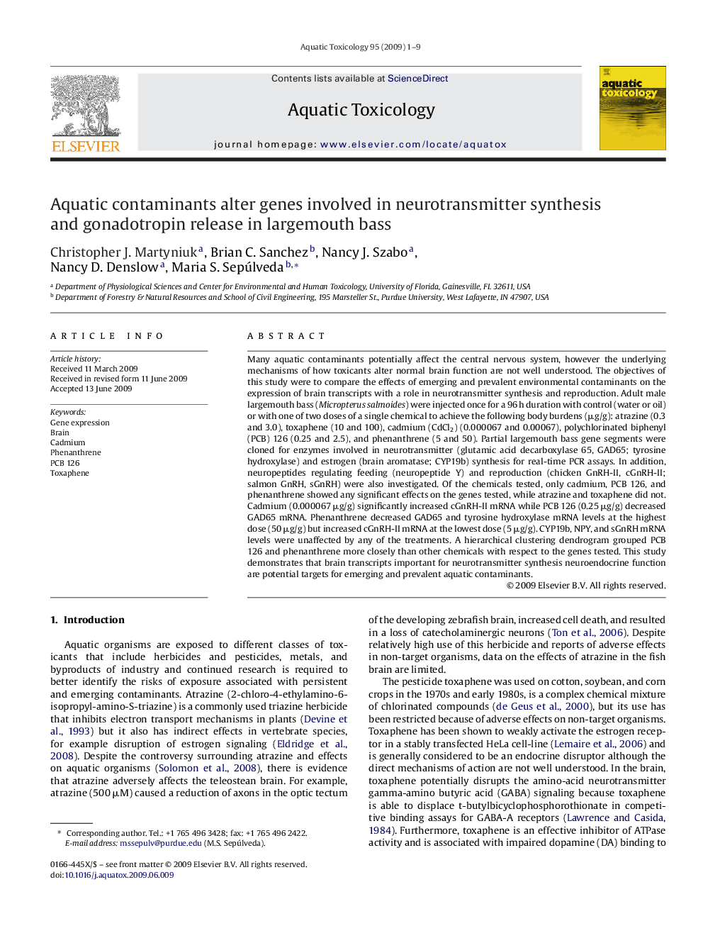 Aquatic contaminants alter genes involved in neurotransmitter synthesis and gonadotropin release in largemouth bass