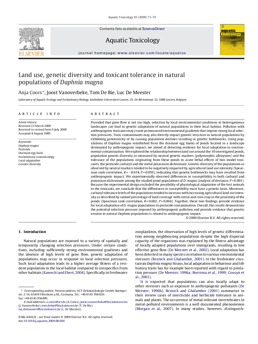 Land use, genetic diversity and toxicant tolerance in natural populations of Daphnia magna