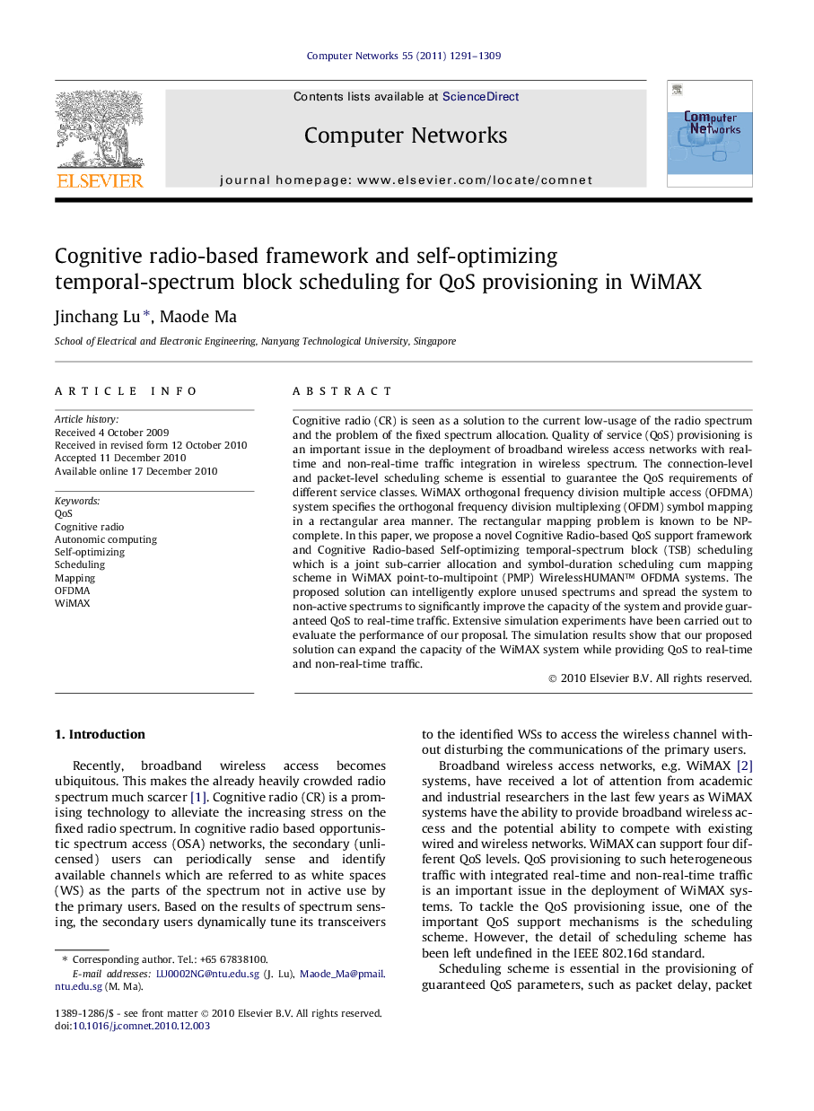 Cognitive radio-based framework and self-optimizing temporal-spectrum block scheduling for QoS provisioning in WiMAX