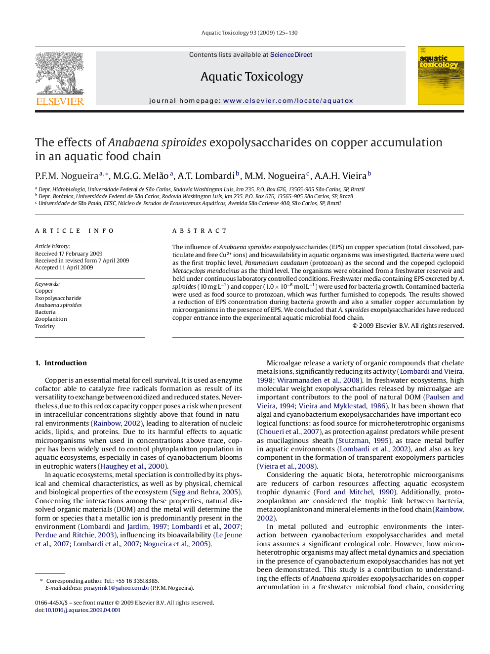 The effects of Anabaena spiroides exopolysaccharides on copper accumulation in an aquatic food chain