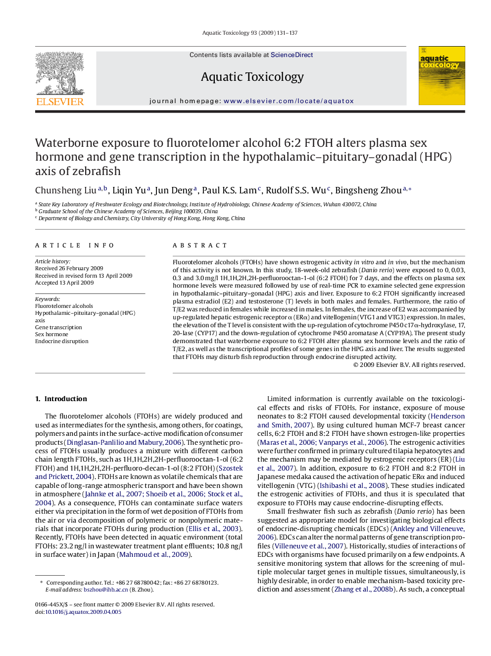 Waterborne exposure to fluorotelomer alcohol 6:2 FTOH alters plasma sex hormone and gene transcription in the hypothalamic–pituitary–gonadal (HPG) axis of zebrafish