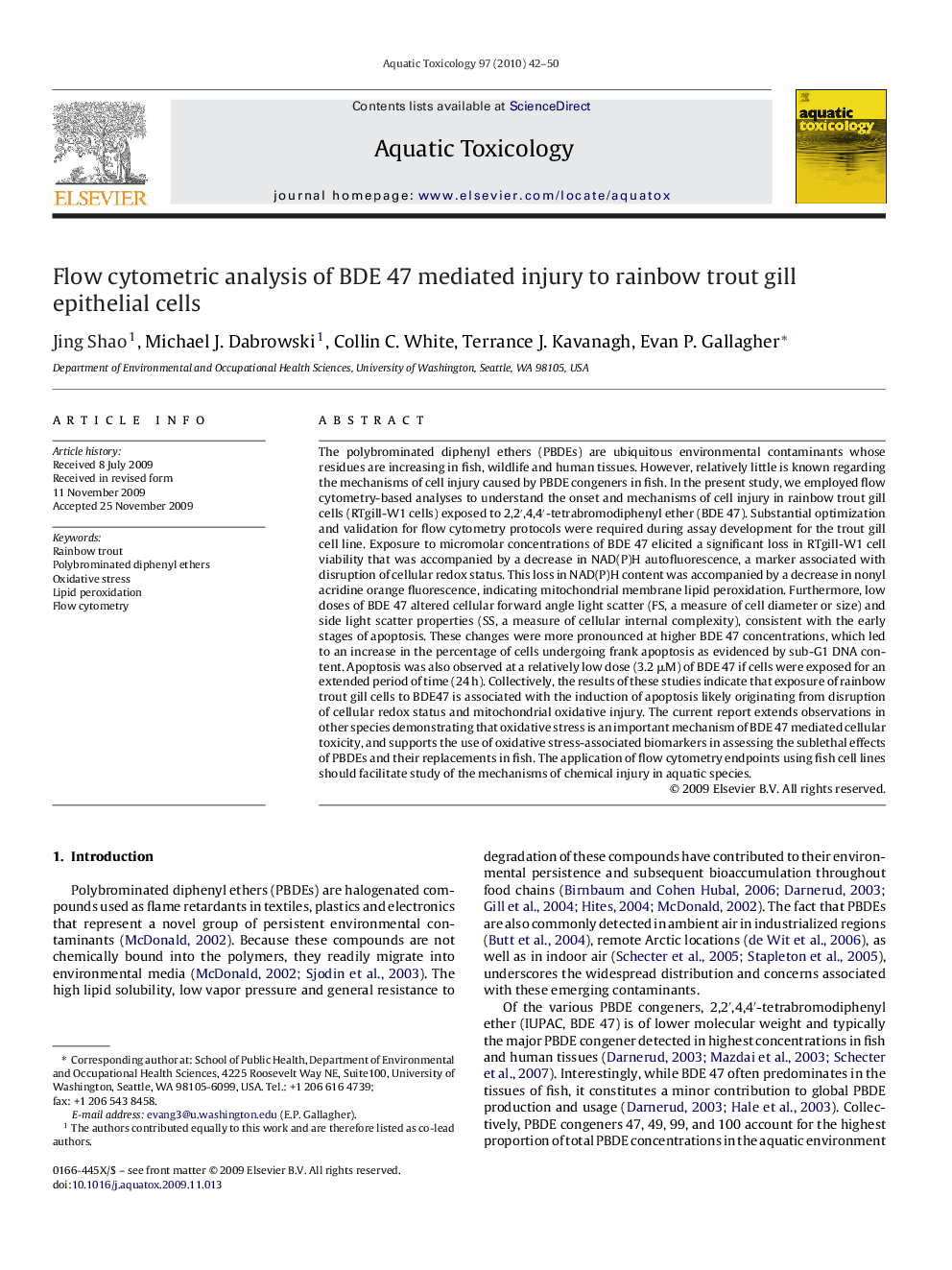 Flow cytometric analysis of BDE 47 mediated injury to rainbow trout gill epithelial cells