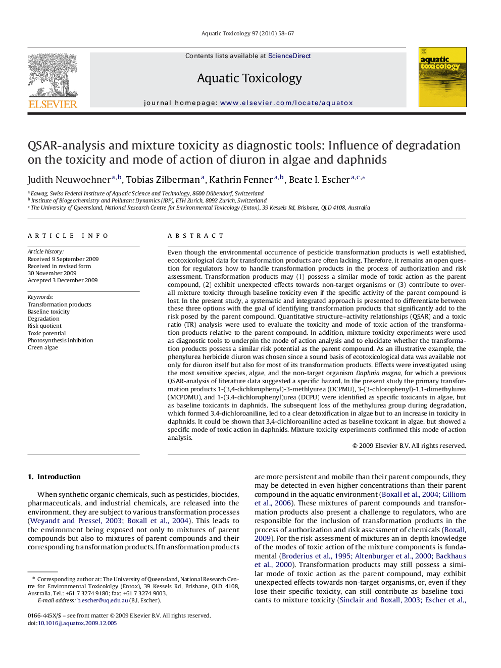 QSAR-analysis and mixture toxicity as diagnostic tools: Influence of degradation on the toxicity and mode of action of diuron in algae and daphnids