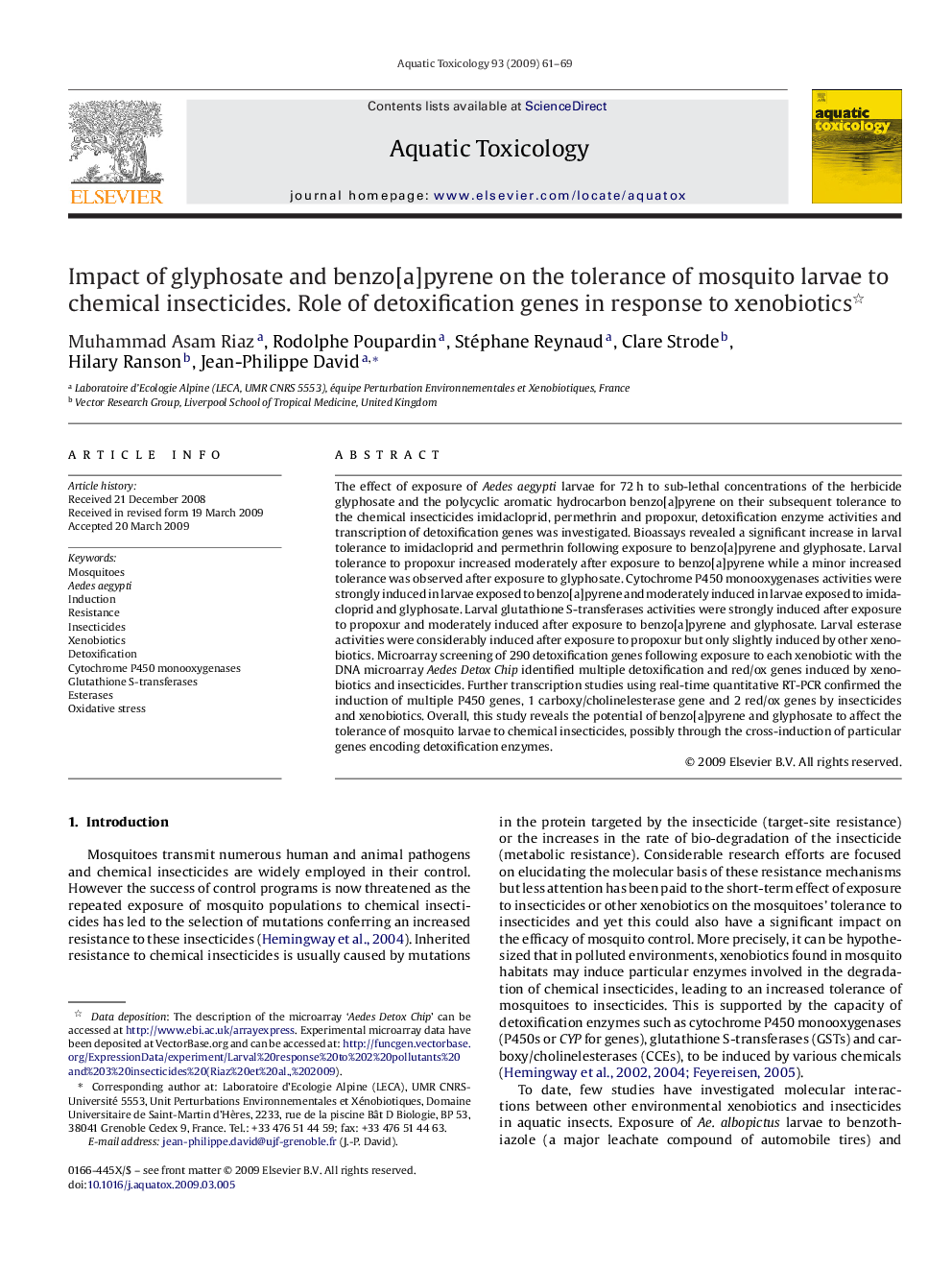 Impact of glyphosate and benzo[a]pyrene on the tolerance of mosquito larvae to chemical insecticides. Role of detoxification genes in response to xenobiotics 