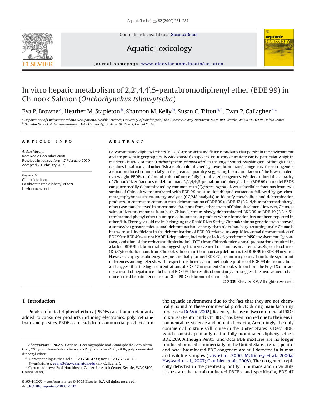 In vitro hepatic metabolism of 2,2′,4,4′,5-pentabromodiphenyl ether (BDE 99) in Chinook Salmon (Onchorhynchus tshawytscha)