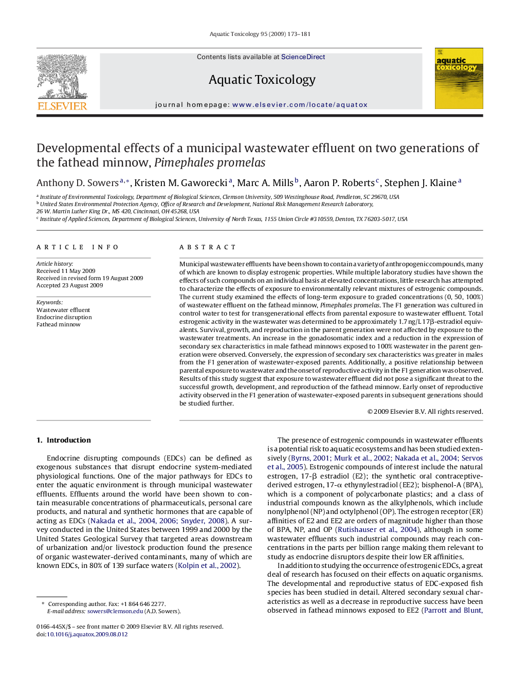 Developmental effects of a municipal wastewater effluent on two generations of the fathead minnow, Pimephales promelas