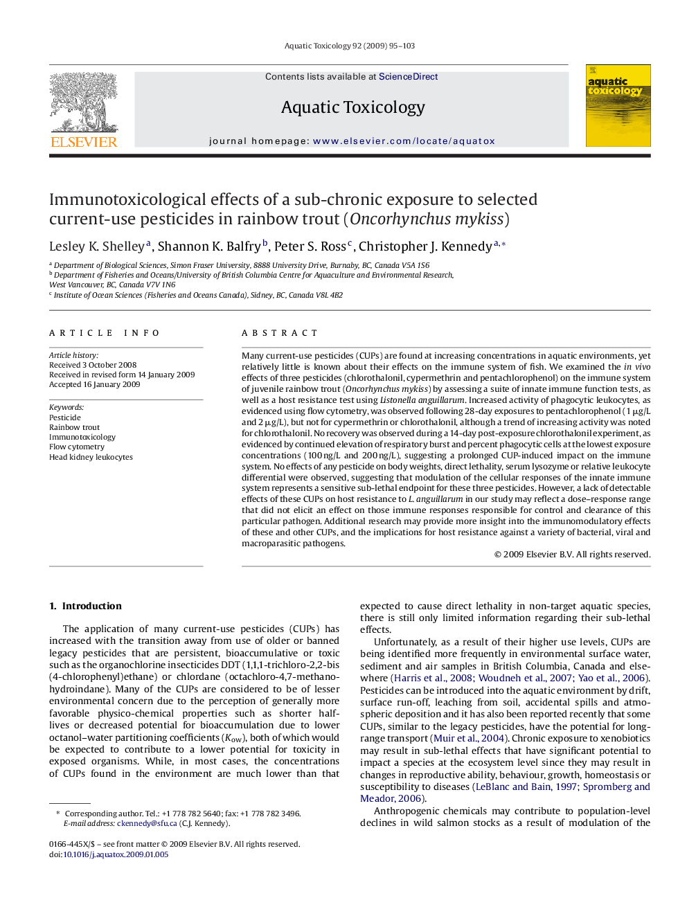 Immunotoxicological effects of a sub-chronic exposure to selected current-use pesticides in rainbow trout (Oncorhynchus mykiss)