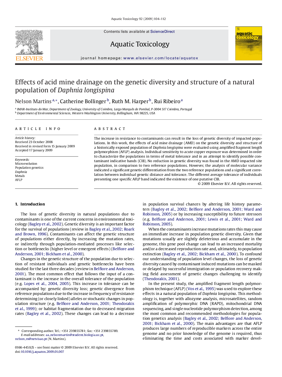 Effects of acid mine drainage on the genetic diversity and structure of a natural population of Daphnia longispina