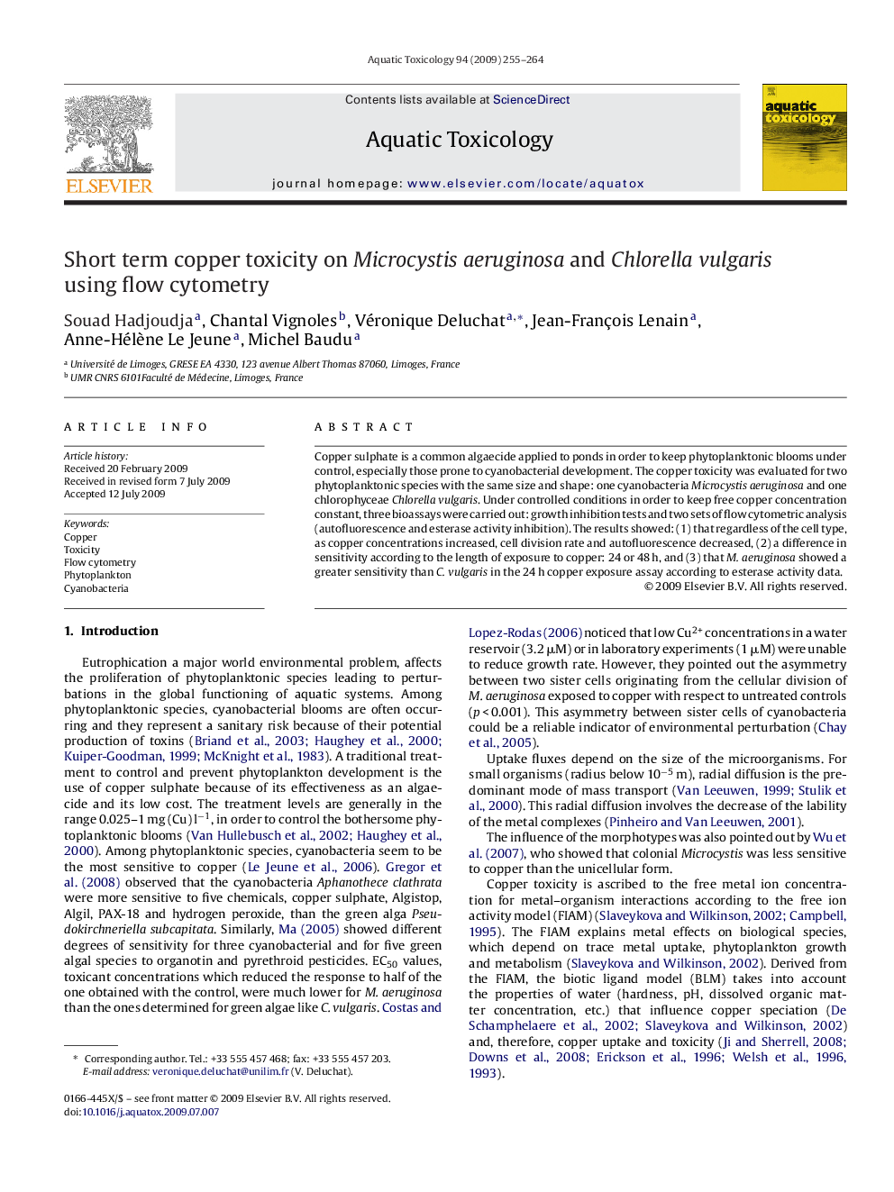 Short term copper toxicity on Microcystis aeruginosa and Chlorella vulgaris using flow cytometry