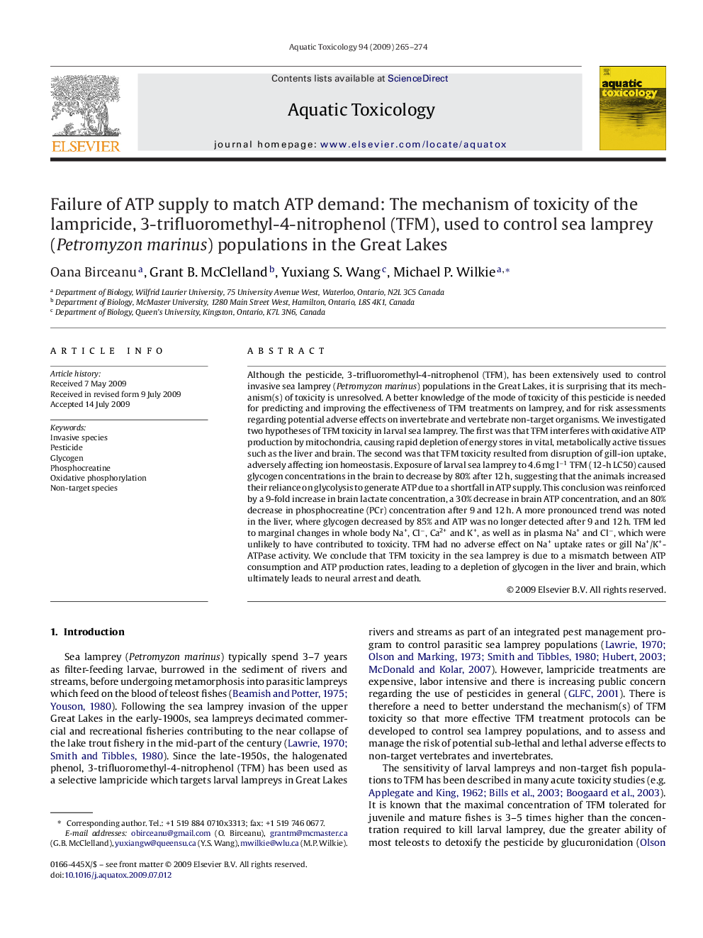 Failure of ATP supply to match ATP demand: The mechanism of toxicity of the lampricide, 3-trifluoromethyl-4-nitrophenol (TFM), used to control sea lamprey (Petromyzon marinus) populations in the Great Lakes