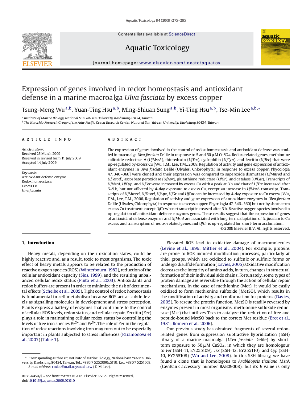 Expression of genes involved in redox homeostasis and antioxidant defense in a marine macroalga Ulva fasciata by excess copper