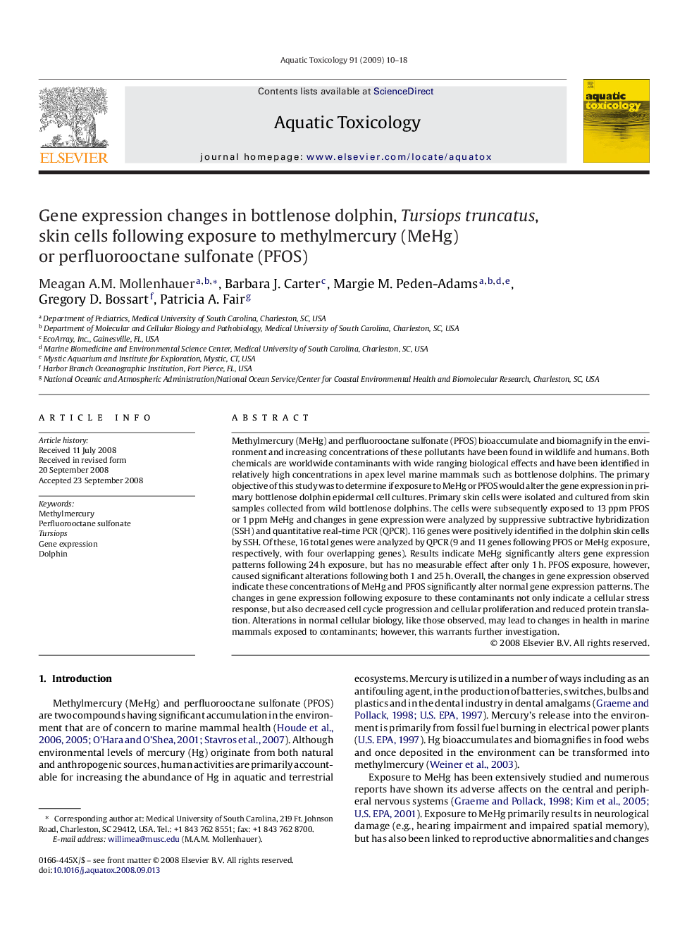 Gene expression changes in bottlenose dolphin, Tursiops truncatus, skin cells following exposure to methylmercury (MeHg) or perfluorooctane sulfonate (PFOS)