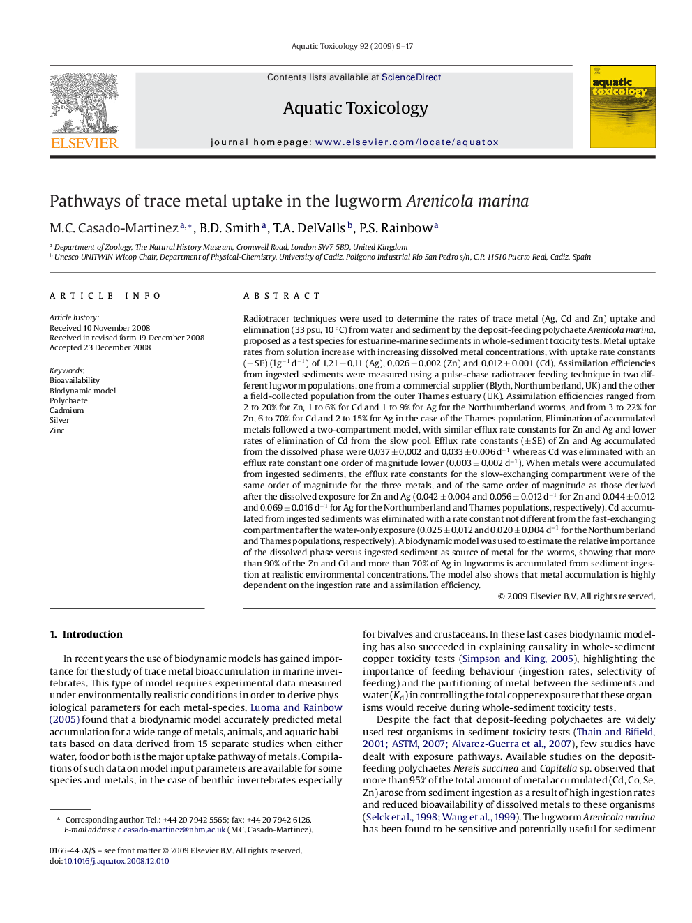 Pathways of trace metal uptake in the lugworm Arenicola marina