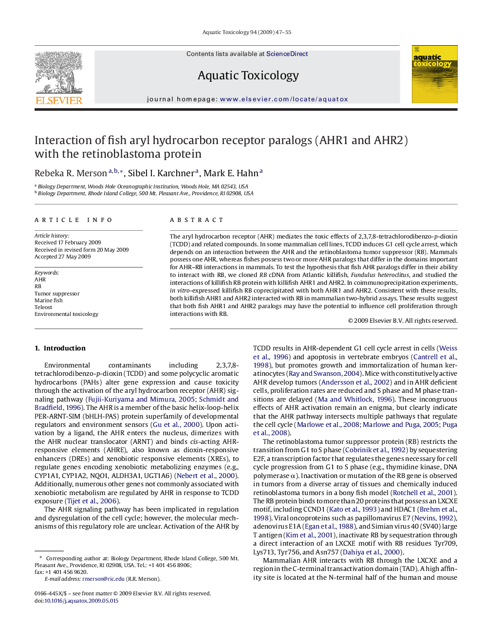 Interaction of fish aryl hydrocarbon receptor paralogs (AHR1 and AHR2) with the retinoblastoma protein