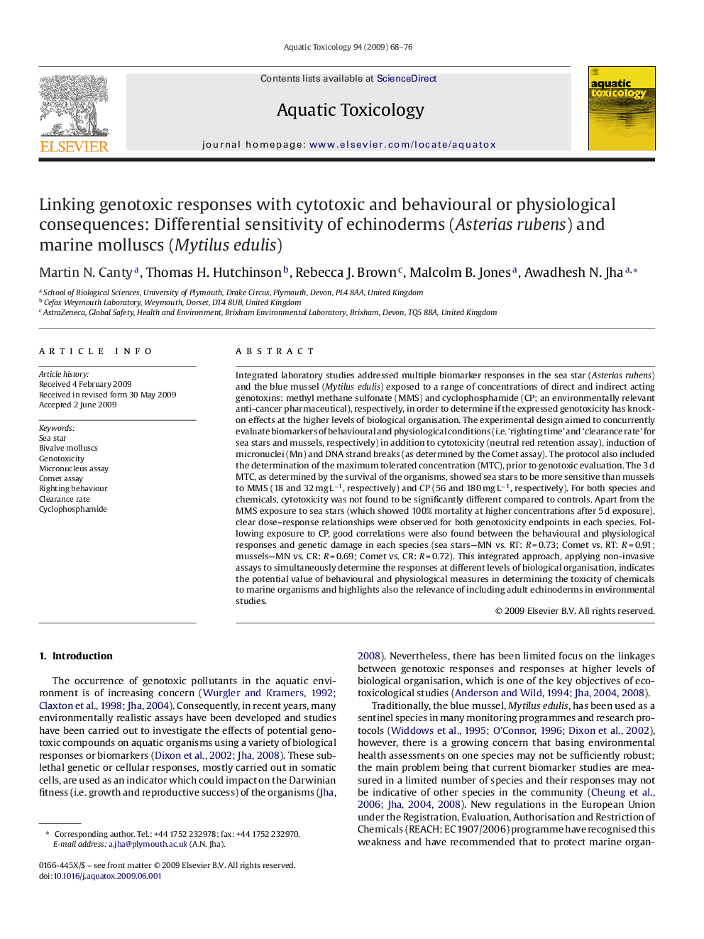 Linking genotoxic responses with cytotoxic and behavioural or physiological consequences: Differential sensitivity of echinoderms (Asterias rubens) and marine molluscs (Mytilus edulis)