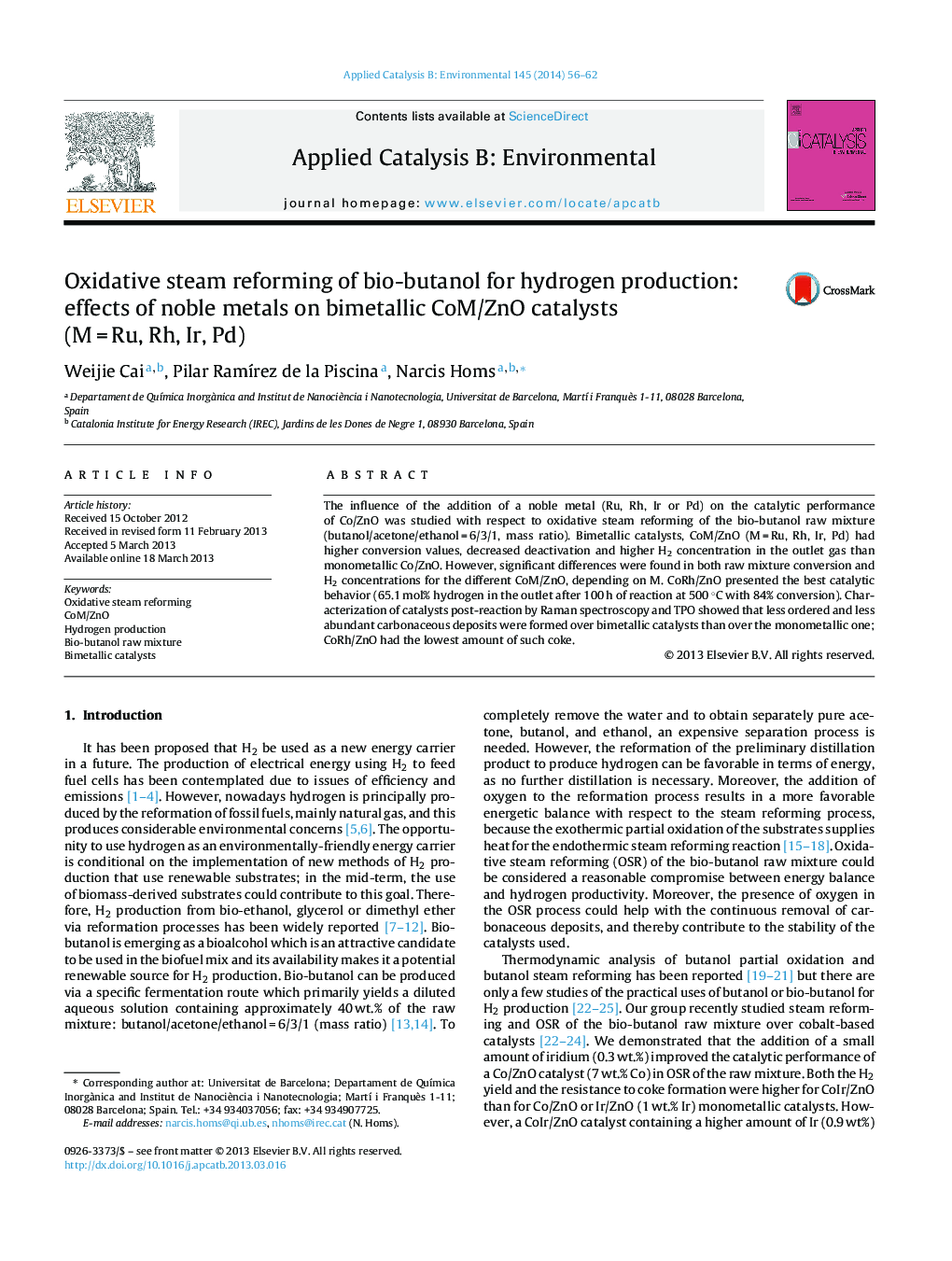 Oxidative steam reforming of bio-butanol for hydrogen production: effects of noble metals on bimetallic CoM/ZnO catalysts (M = Ru, Rh, Ir, Pd)