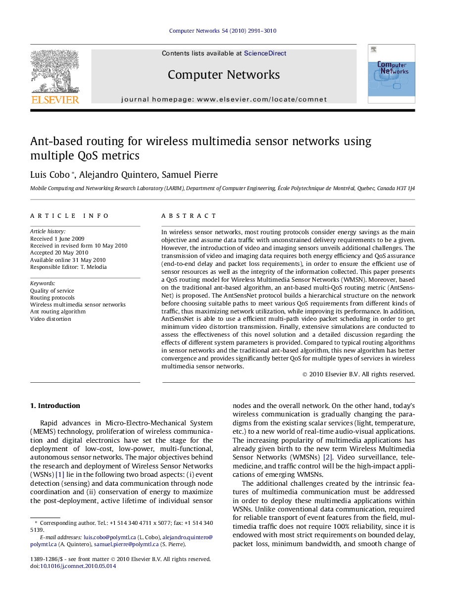 Ant-based routing for wireless multimedia sensor networks using multiple QoS metrics