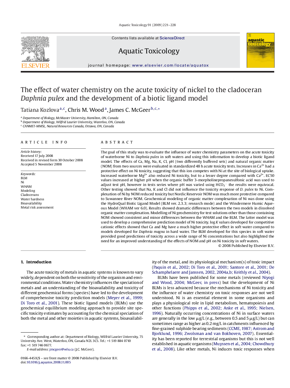 The effect of water chemistry on the acute toxicity of nickel to the cladoceran Daphnia pulex and the development of a biotic ligand model