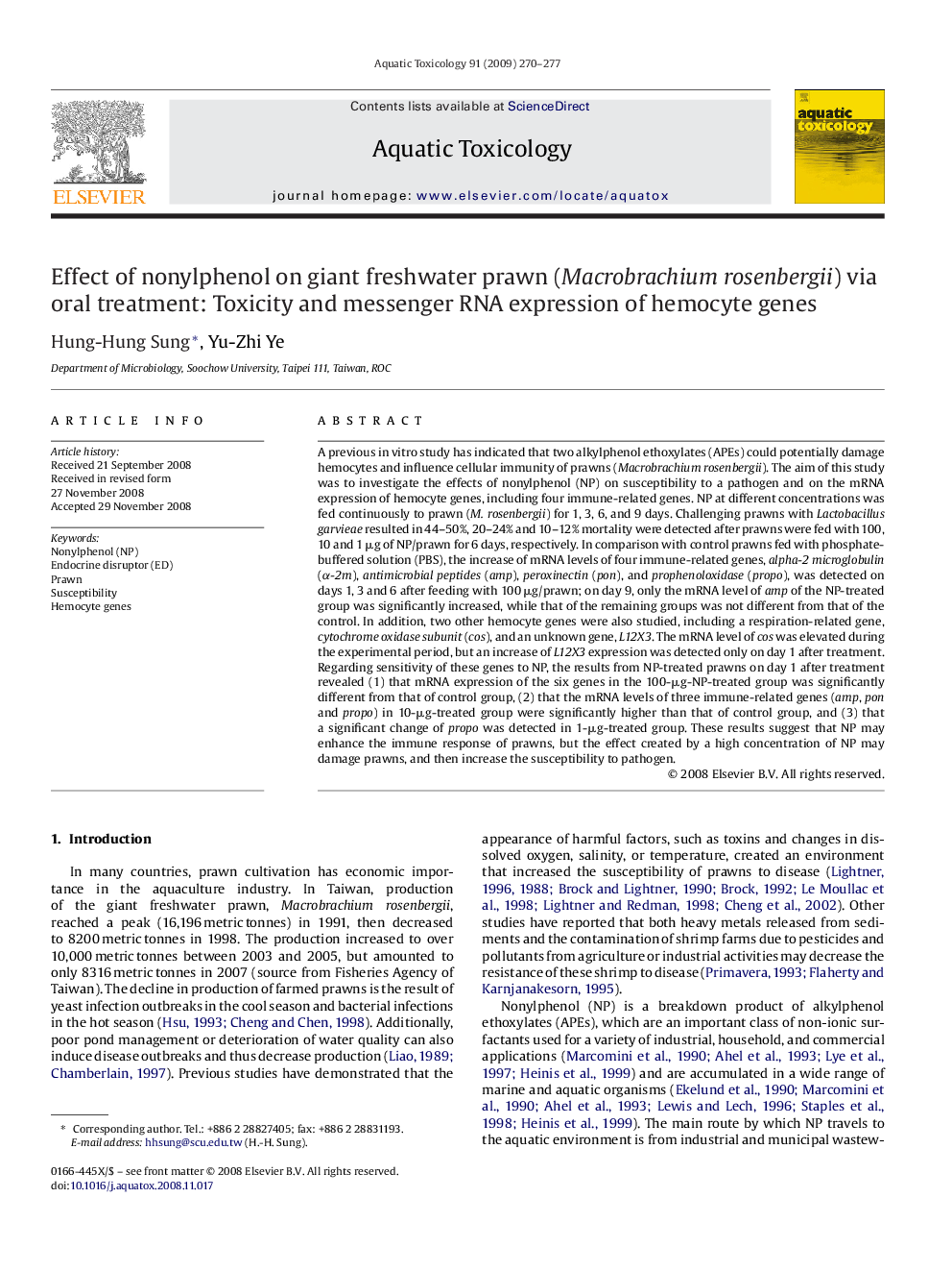 Effect of nonylphenol on giant freshwater prawn (Macrobrachium rosenbergii) via oral treatment: Toxicity and messenger RNA expression of hemocyte genes