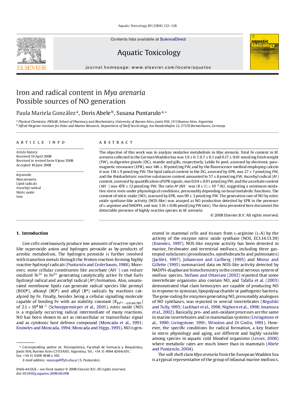 Iron and radical content in Mya arenaria