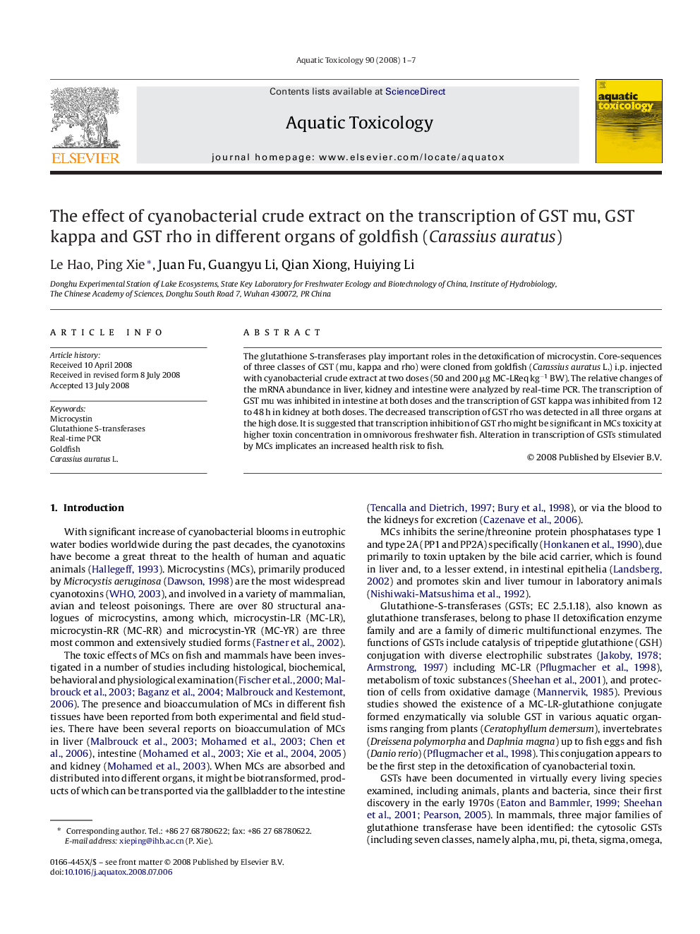 The effect of cyanobacterial crude extract on the transcription of GST mu, GST kappa and GST rho in different organs of goldfish (Carassius auratus)