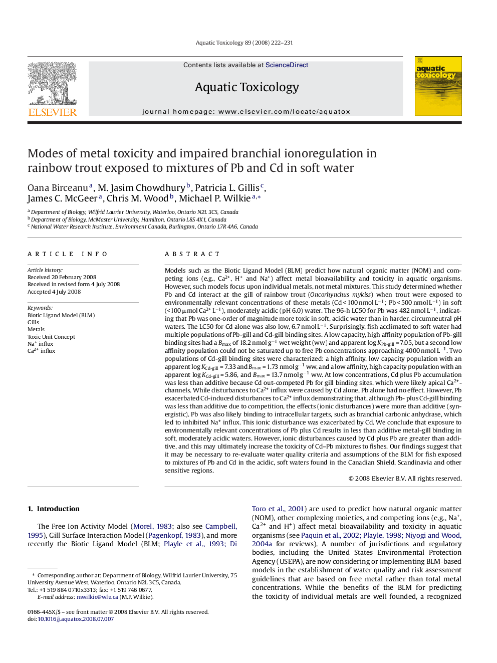 Modes of metal toxicity and impaired branchial ionoregulation in rainbow trout exposed to mixtures of Pb and Cd in soft water