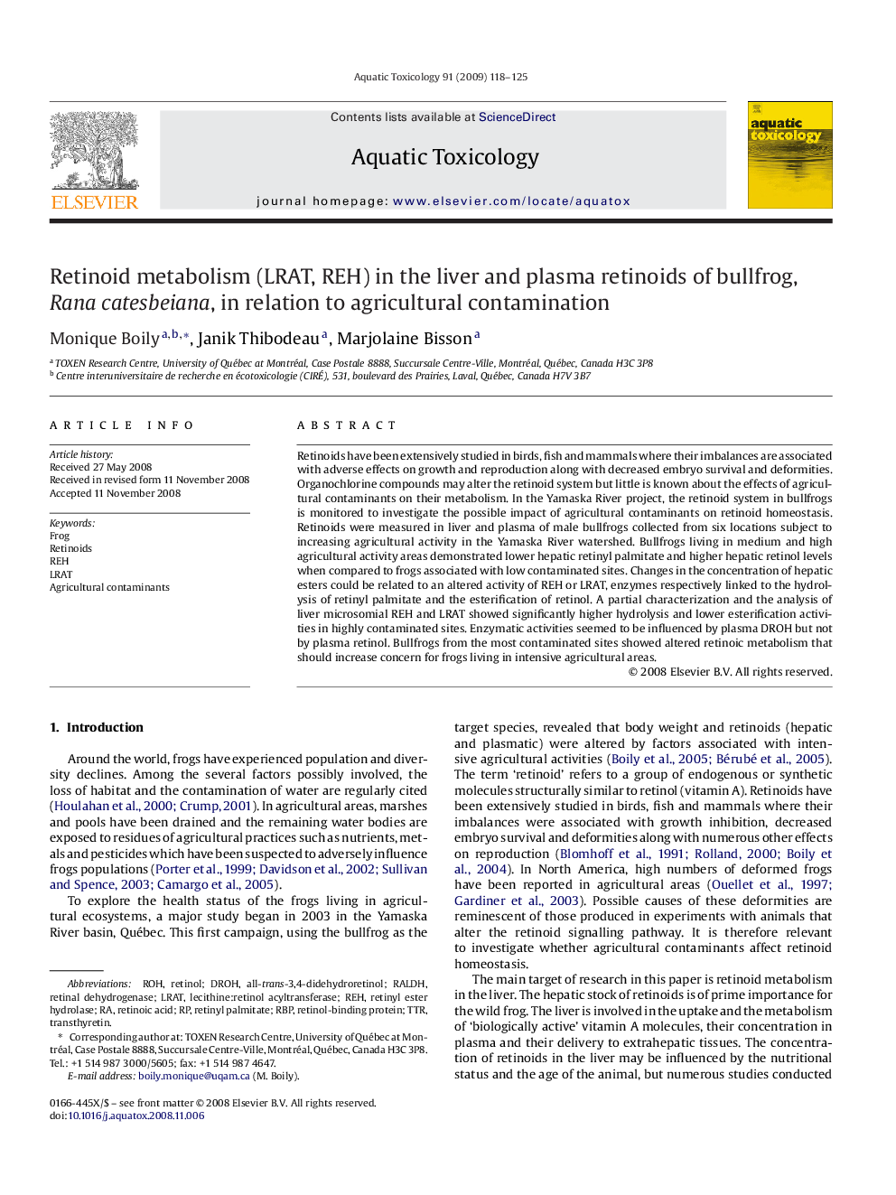 Retinoid metabolism (LRAT, REH) in the liver and plasma retinoids of bullfrog, Rana catesbeiana, in relation to agricultural contamination