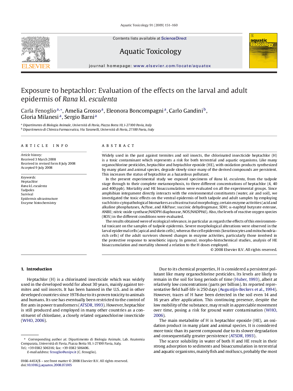 Exposure to heptachlor: Evaluation of the effects on the larval and adult epidermis of Rana kl. esculenta