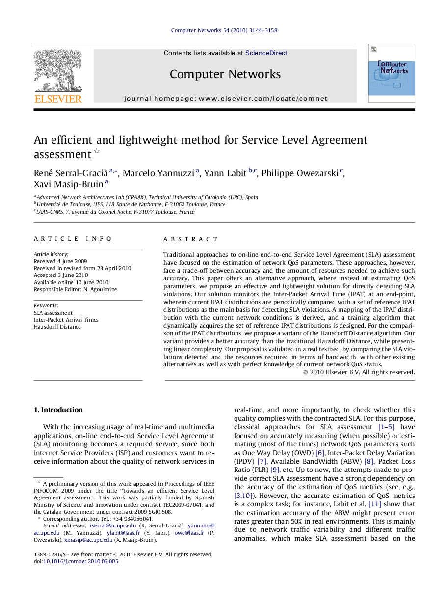 An efficient and lightweight method for Service Level Agreement assessment 