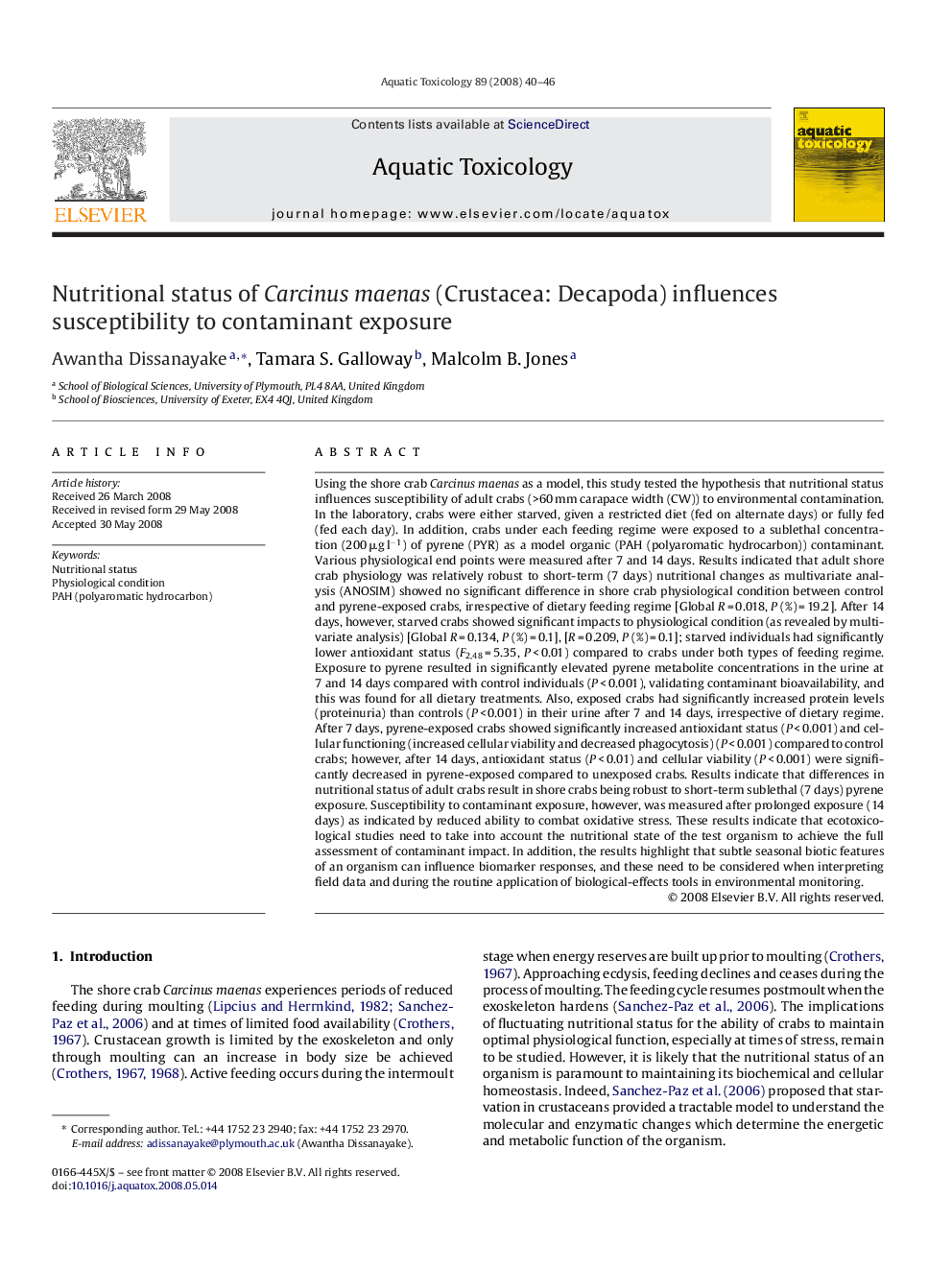 Nutritional status of Carcinus maenas (Crustacea: Decapoda) influences susceptibility to contaminant exposure