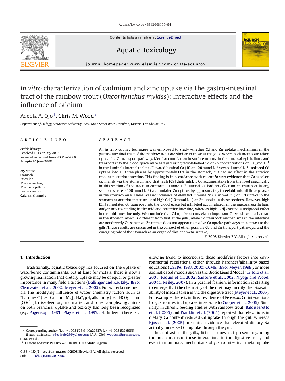 In vitro characterization of cadmium and zinc uptake via the gastro-intestinal tract of the rainbow trout (Oncorhynchus mykiss): Interactive effects and the influence of calcium