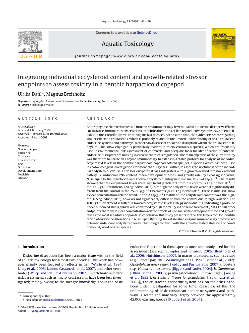 Integrating individual ecdysteroid content and growth-related stressor endpoints to assess toxicity in a benthic harpacticoid copepod