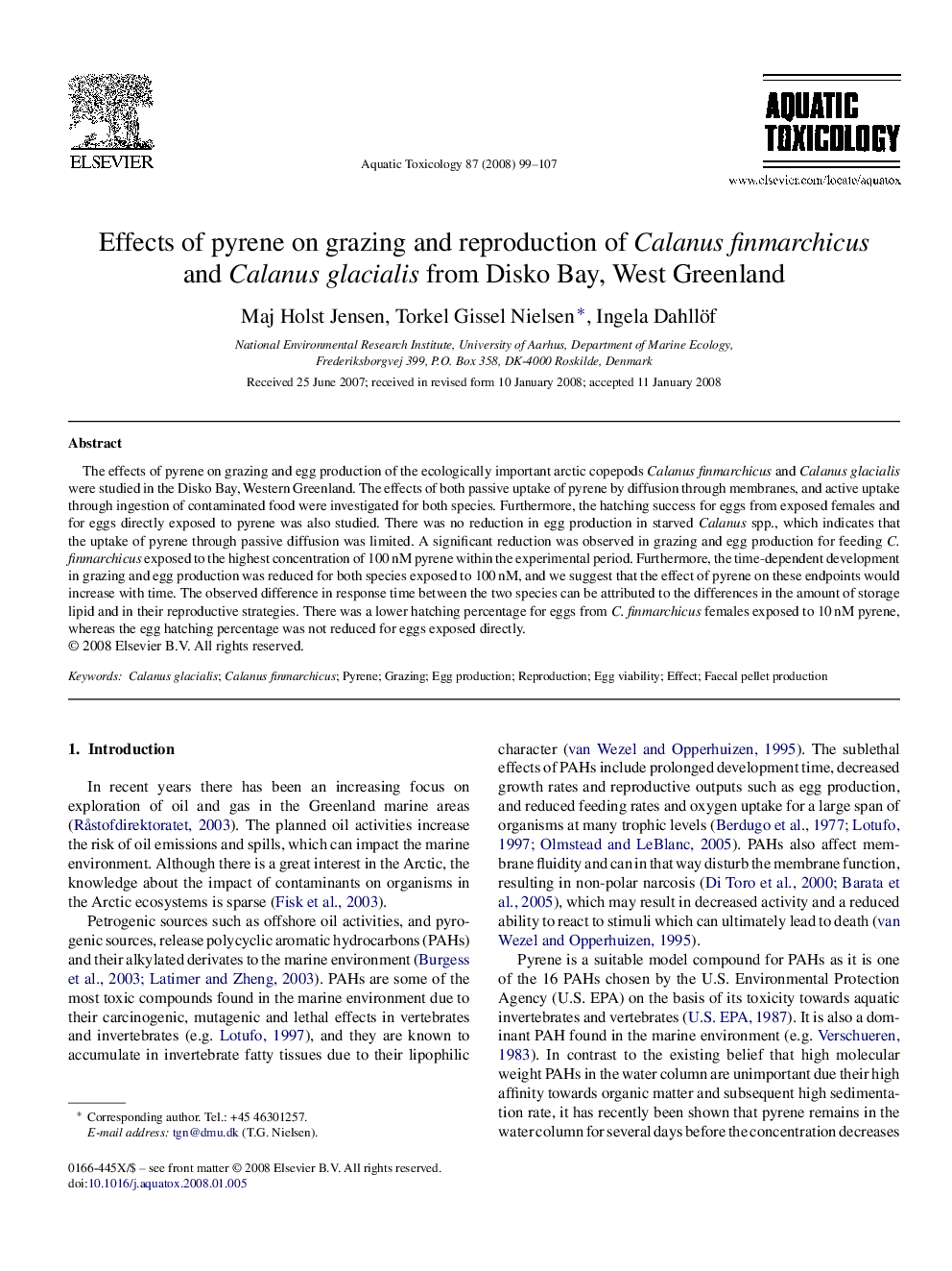 Effects of pyrene on grazing and reproduction of Calanus finmarchicus and Calanus glacialis from Disko Bay, West Greenland