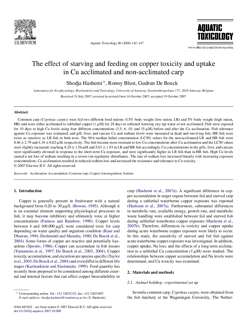 The effect of starving and feeding on copper toxicity and uptake in Cu acclimated and non-acclimated carp