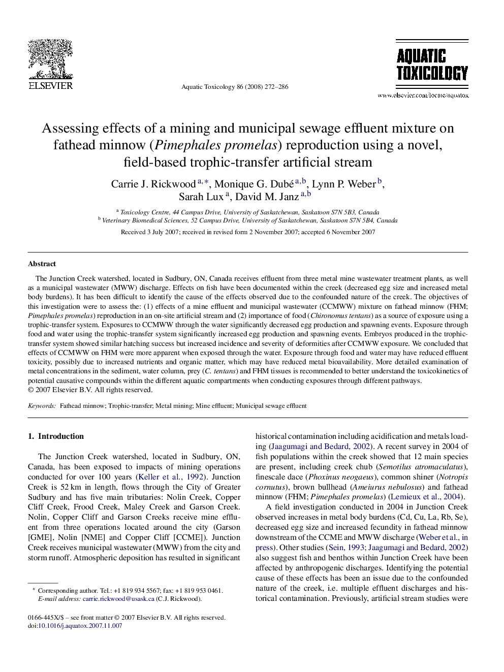 Assessing effects of a mining and municipal sewage effluent mixture on fathead minnow (Pimephales promelas) reproduction using a novel, field-based trophic-transfer artificial stream