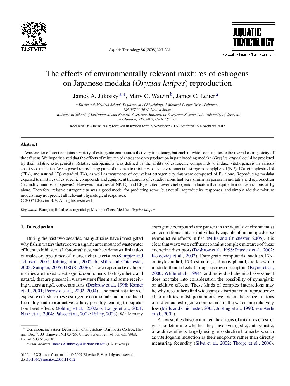 The effects of environmentally relevant mixtures of estrogens on Japanese medaka (Oryzias latipes) reproduction