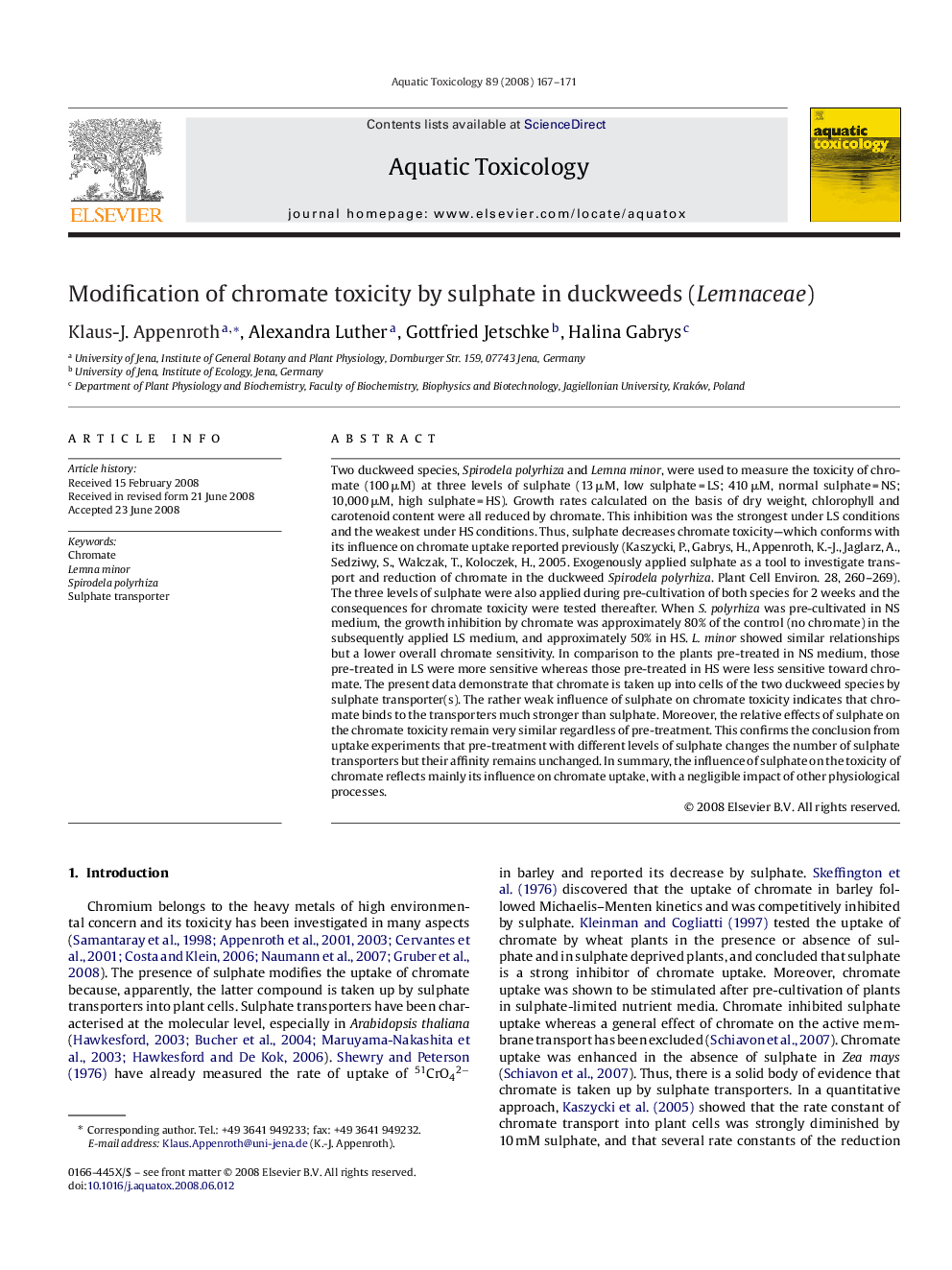 Modification of chromate toxicity by sulphate in duckweeds (Lemnaceae)