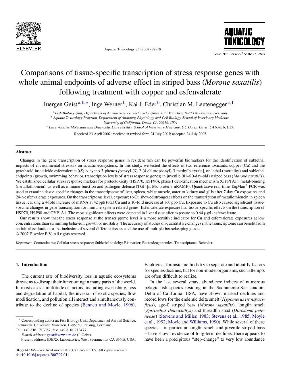 Comparisons of tissue-specific transcription of stress response genes with whole animal endpoints of adverse effect in striped bass (Morone saxatilis) following treatment with copper and esfenvalerate