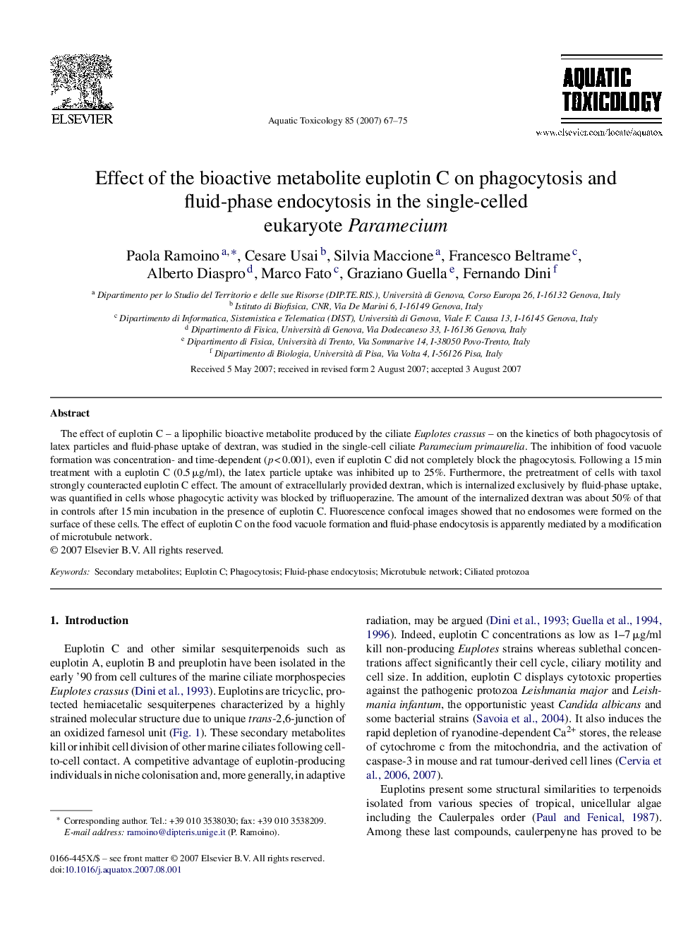 Effect of the bioactive metabolite euplotin C on phagocytosis and fluid-phase endocytosis in the single-celled eukaryote Paramecium