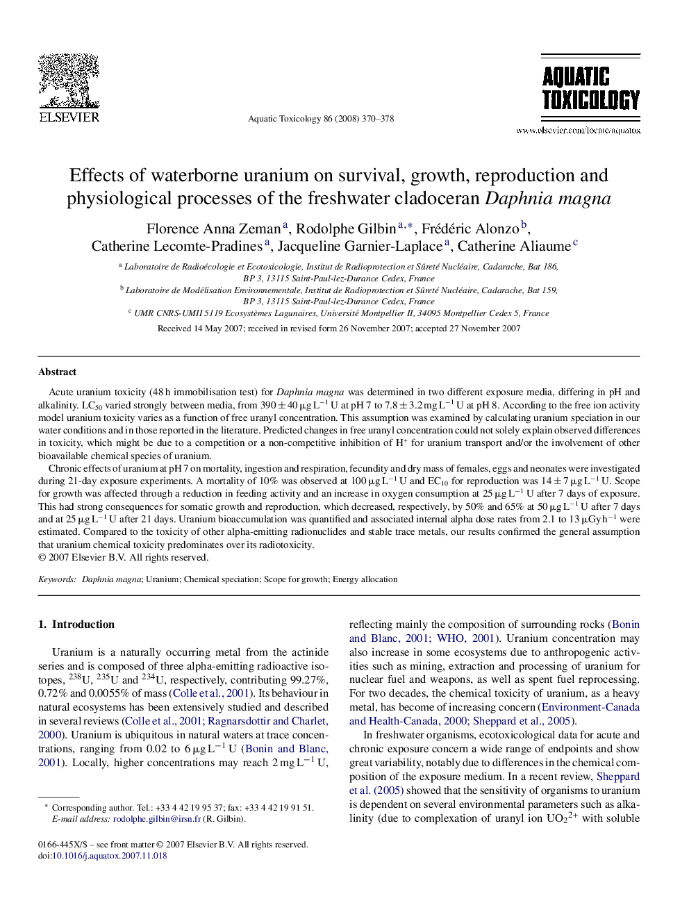 Effects of waterborne uranium on survival, growth, reproduction and physiological processes of the freshwater cladoceran Daphnia magna