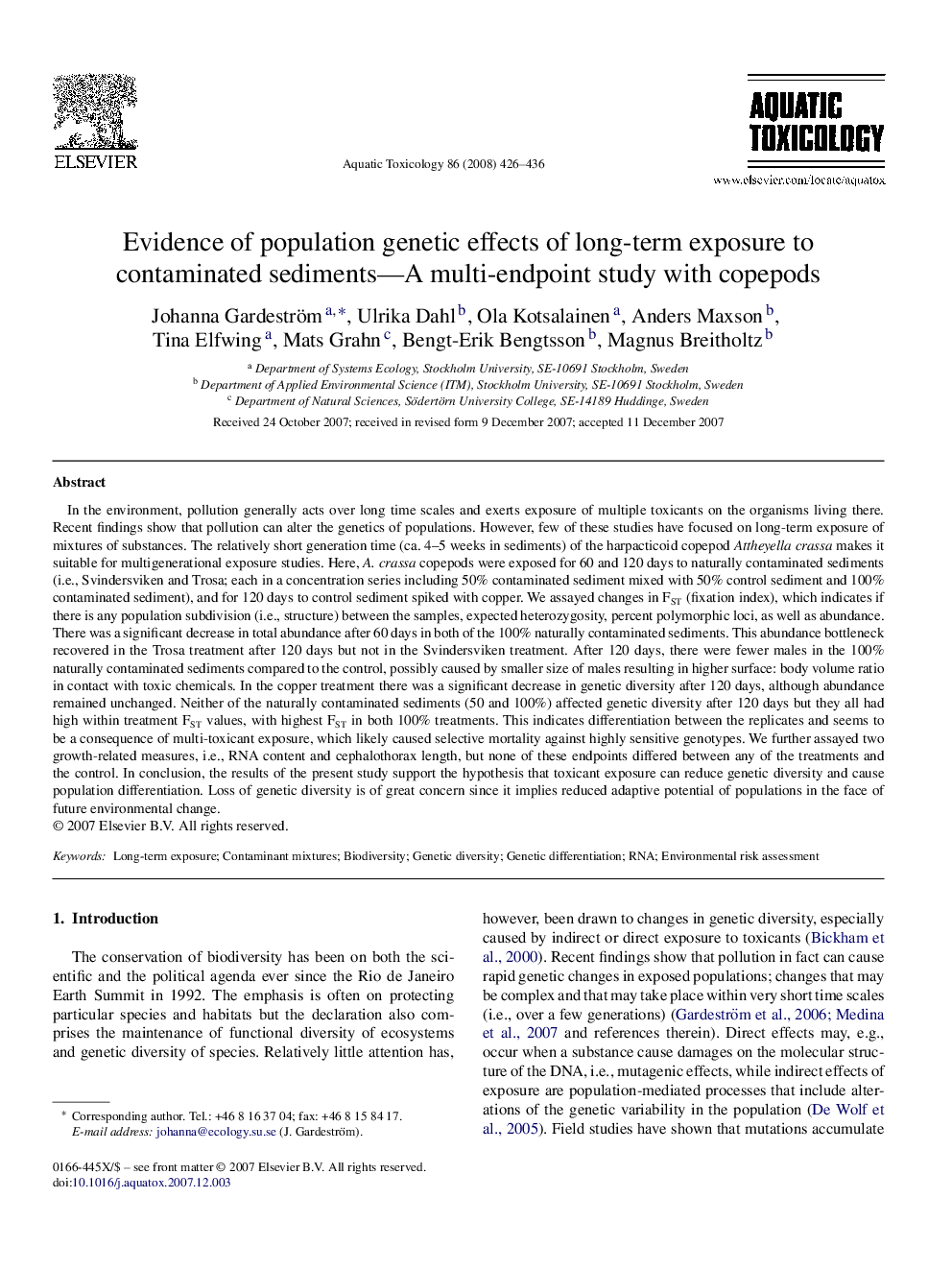 Evidence of population genetic effects of long-term exposure to contaminated sediments—A multi-endpoint study with copepods