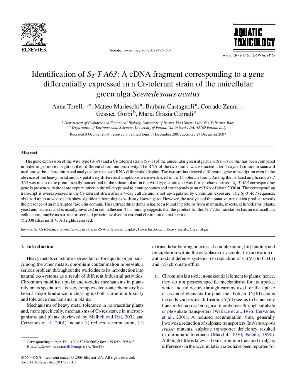 Identification of S2-T A63: A cDNA fragment corresponding to a gene differentially expressed in a Cr-tolerant strain of the unicellular green alga Scenedesmus acutus