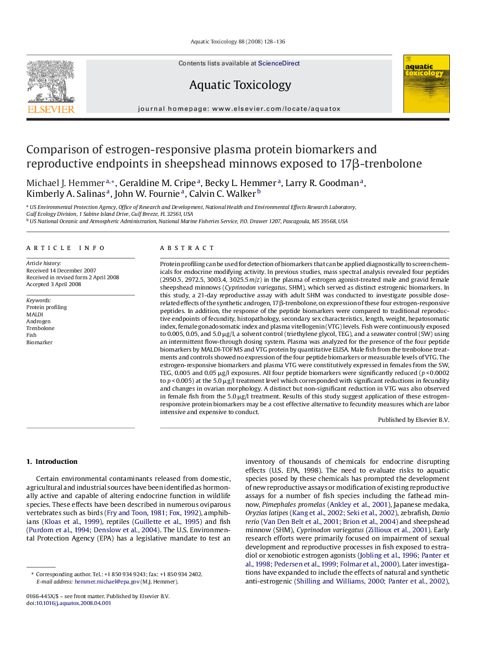 عکس صفحه اول مقاله: Comparison of estrogen-responsive plasma protein biomarkers and reproductive endpoints in sheepshead minnows exposed to 17β-trenbolone Comparison of estrogen-responsive plasma protein biomarkers and reproductive endpoints in sheepshead minnows exposed to 17β-trenbolone