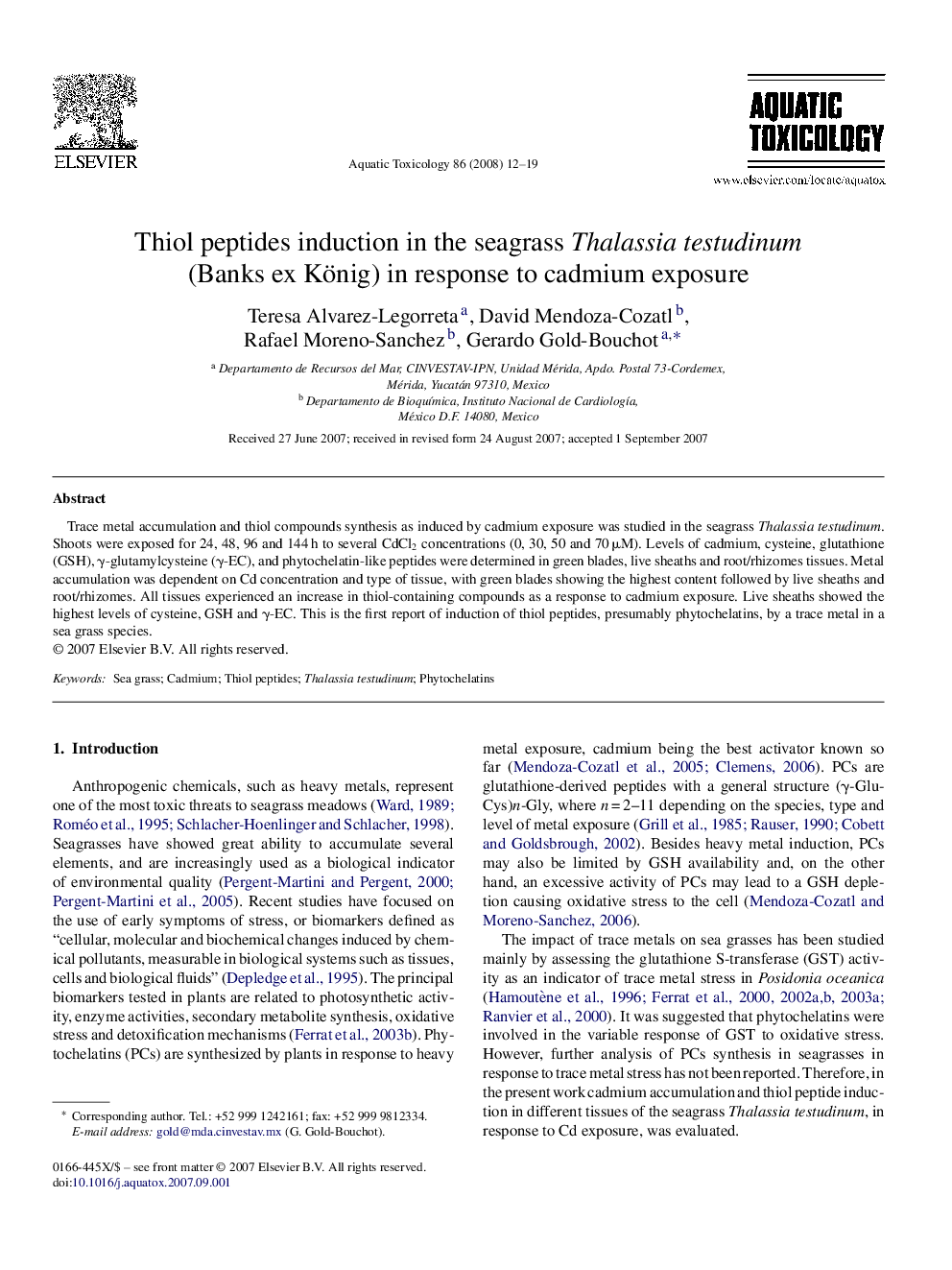 Thiol peptides induction in the seagrass Thalassia testudinum (Banks ex König) in response to cadmium exposure