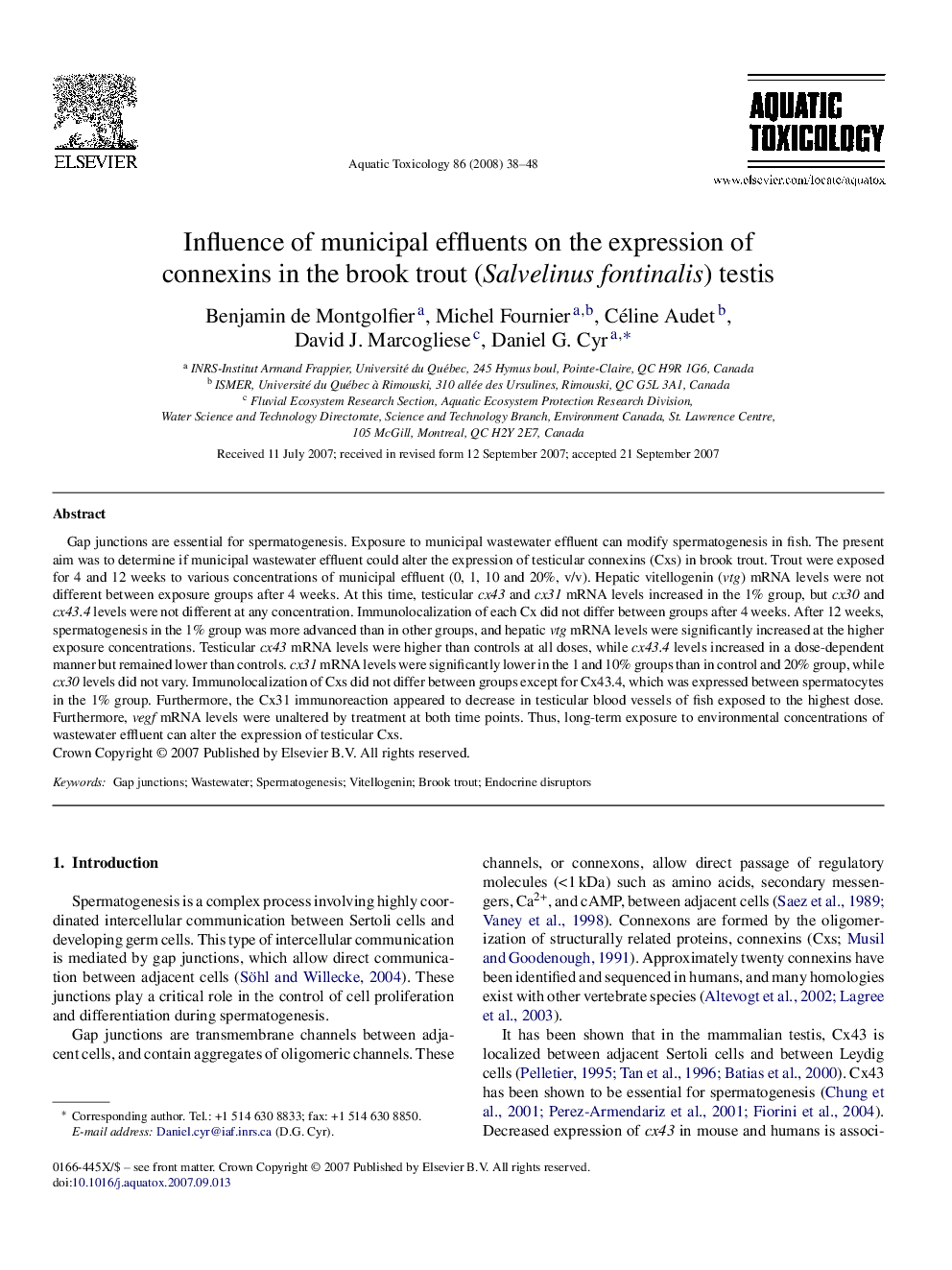 Influence of municipal effluents on the expression of connexins in the brook trout (Salvelinus fontinalis) testis