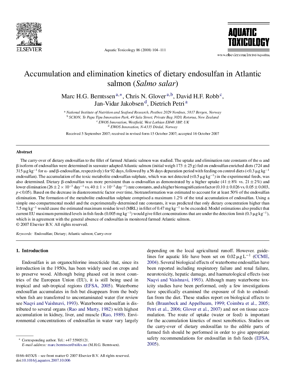 Accumulation and elimination kinetics of dietary endosulfan in Atlantic salmon (Salmo salar)