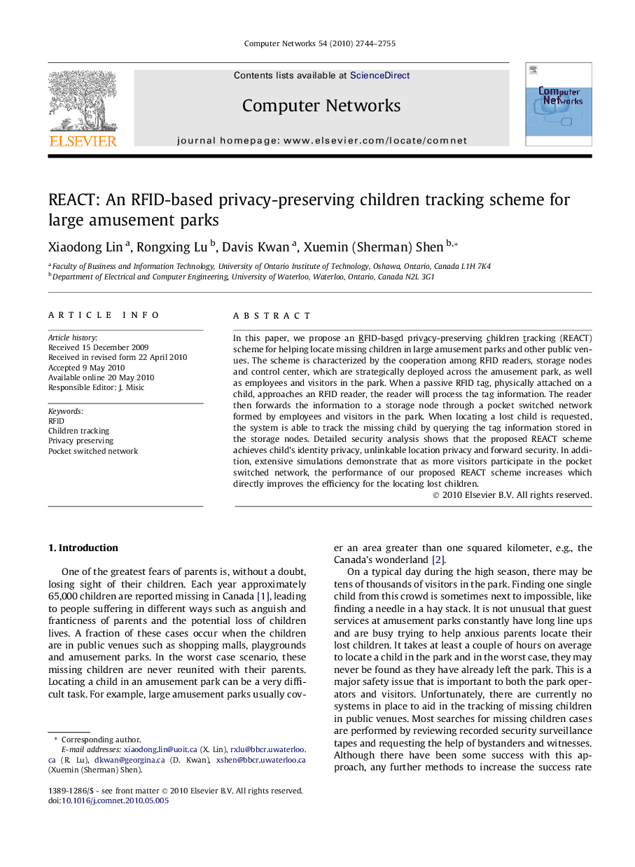 REACT: An RFID-based privacy-preserving children tracking scheme for large amusement parks