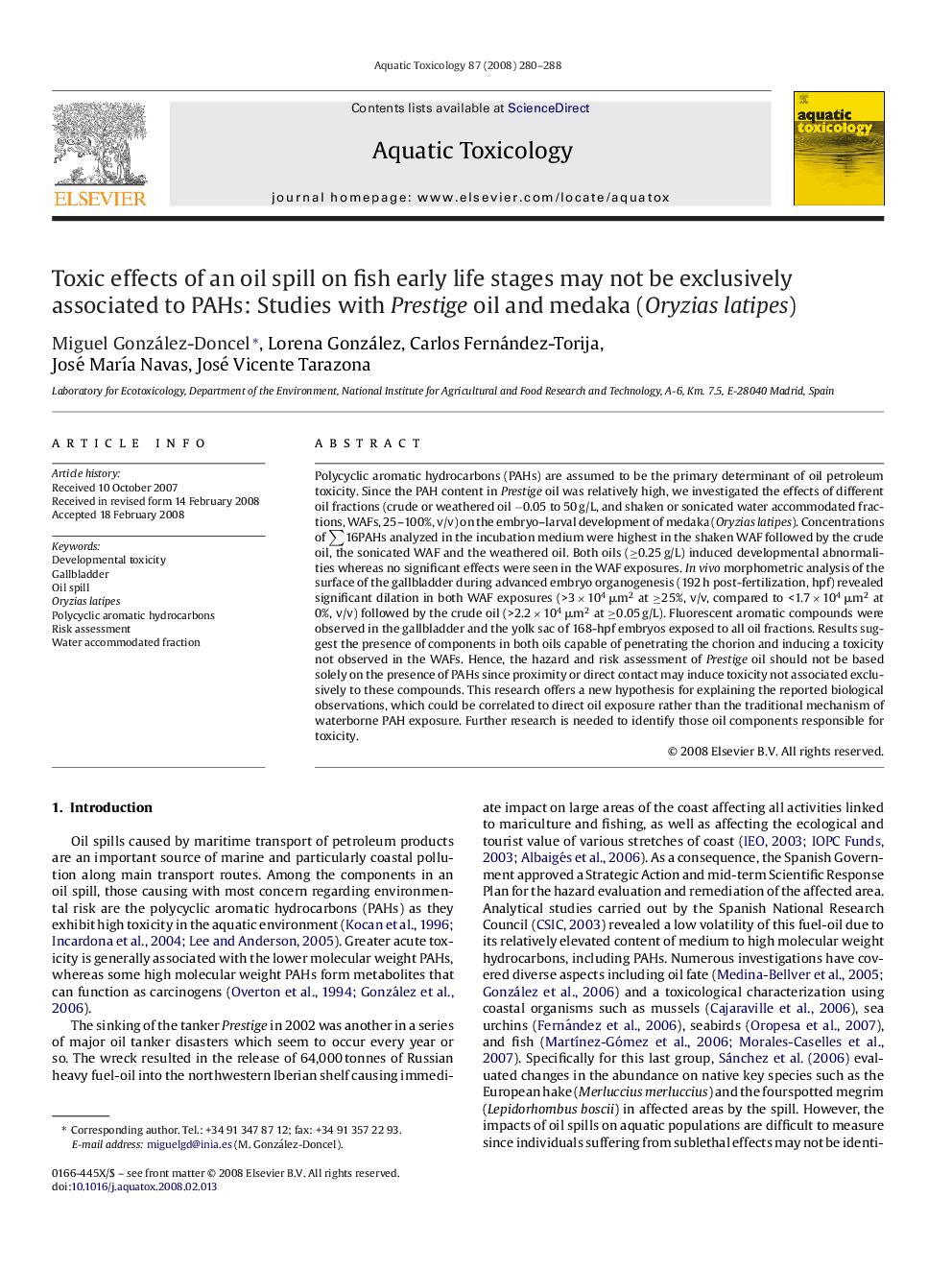 Toxic effects of an oil spill on fish early life stages may not be exclusively associated to PAHs: Studies with Prestige oil and medaka (Oryzias latipes)